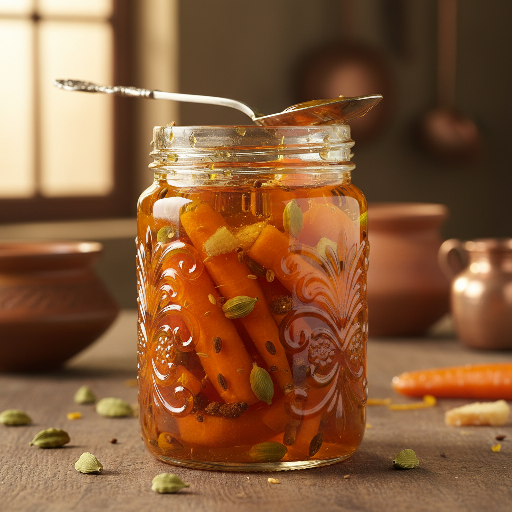 Orange carrot murraba pieces in sweet syrup with cardamom in traditional glass container